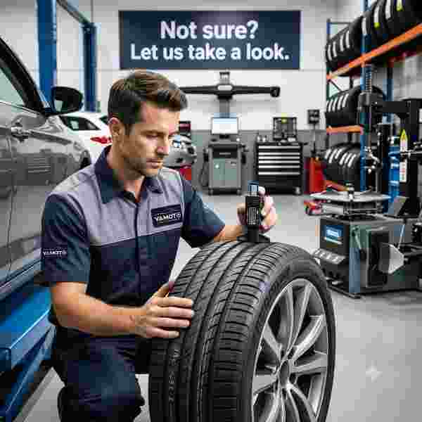 Professional tyre technician at Yamoto tyre workshop inspecting tyre tread depth with a precision digital gauge